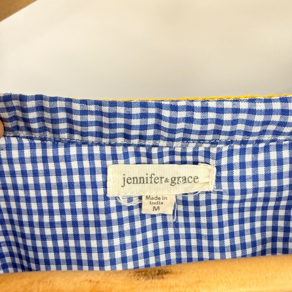 Jennifer + Grace Blue Gingham Embroidered Tassel Boho Top White Small Peasant - Picture 2 of 10